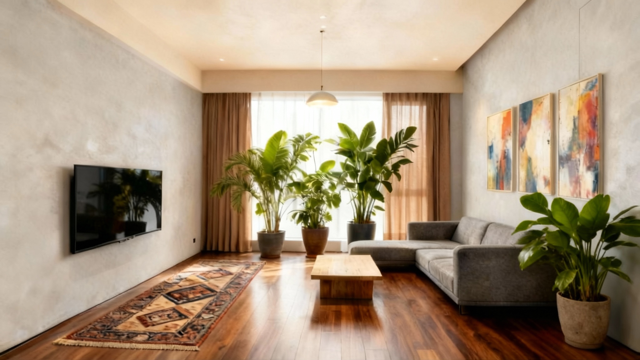 Living room after progressive AI image editing with PeelStudio showing enhanced details, plants, and lighting