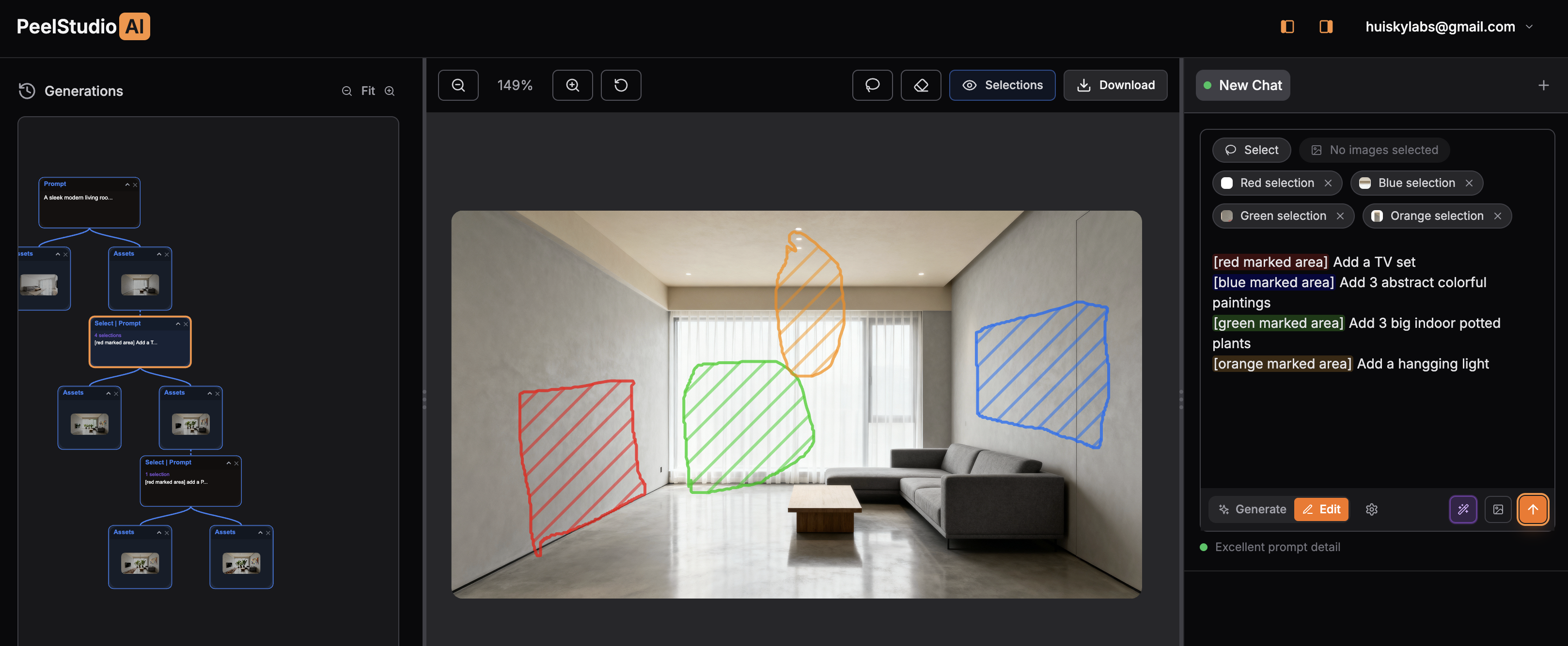 Multiple region selections with text prompts for AI image editor workflow